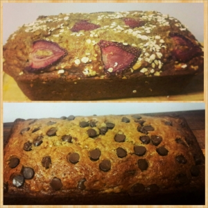 The Bottom one is Chocolate Chip Zucchini Banana Bread.  The Top one is my concoction: GF Strawberry Oat Zucchini Banana Bread!